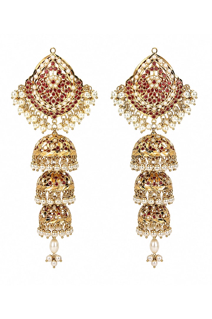 Gold Plated Maroon Stone & Pearl Fringe Layered Jhumka Earrings by Vivinia By Vidhi Mehra at Pernia's Pop Up Shop