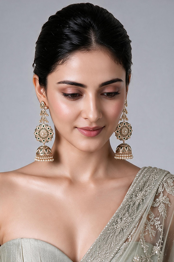 Gold Plated Green Stone & Pearl Fringe Floral Dangler Earrings by Vivinia By Vidhi Mehra at Pernia's Pop Up Shop