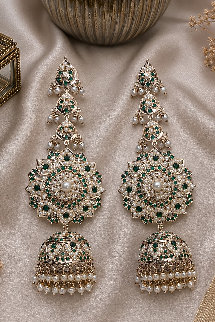 Gold Plated Green Stone & Pearl Fringe Floral Dangler Earrings by Vivinia By Vidhi Mehra at Pernia's Pop Up Shop