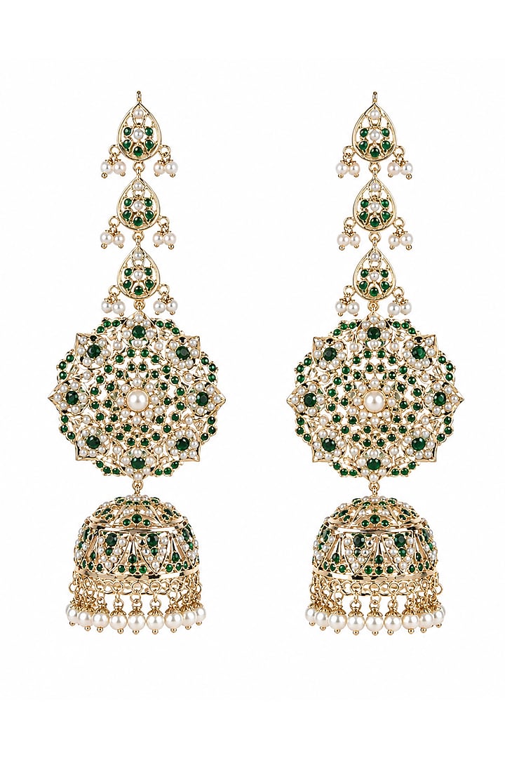 Gold Plated Green Stone & Pearl Fringe Floral Dangler Earrings by Vivinia By Vidhi Mehra at Pernia's Pop Up Shop