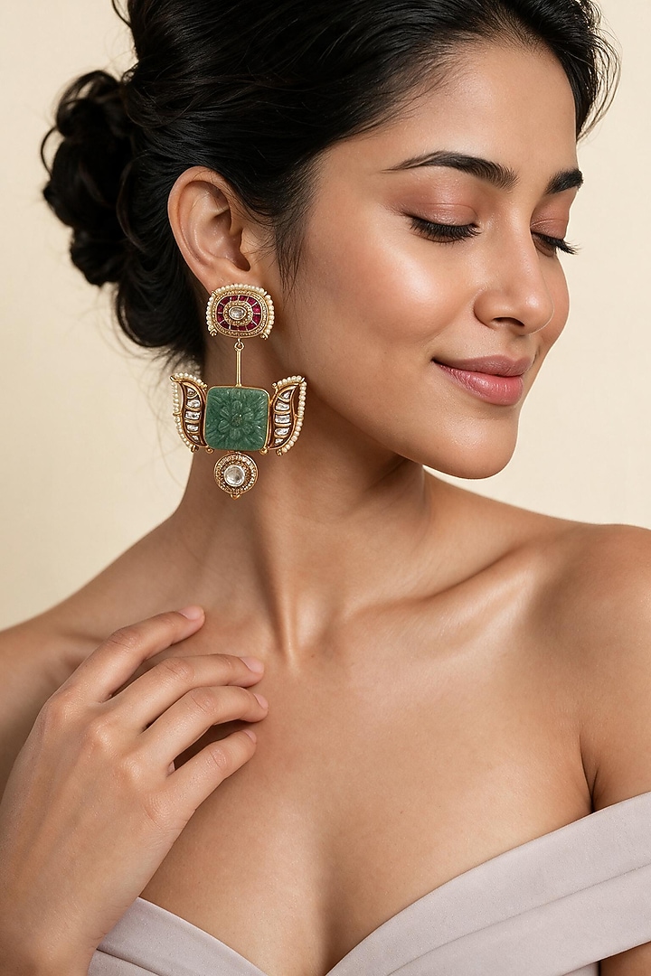 Gold Plated Kundan Polki & Sage Green Stone Dangler Earrings by Vivinia By Vidhi Mehra at Pernia's Pop Up Shop