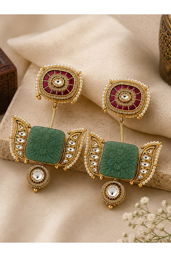 Gold Plated Kundan Polki & Sage Green Stone Dangler Earrings by Vivinia By Vidhi Mehra at Pernia's Pop Up Shop