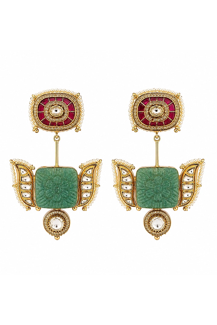 Gold Plated Kundan Polki & Sage Green Stone Dangler Earrings by Vivinia By Vidhi Mehra at Pernia's Pop Up Shop