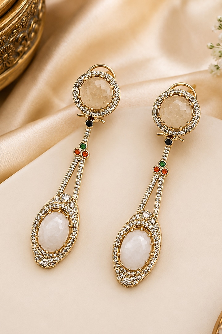 Gold Plated White & Champagne Stone Drop Earrings by Vivinia By Vidhi Mehra at Pernia's Pop Up Shop
