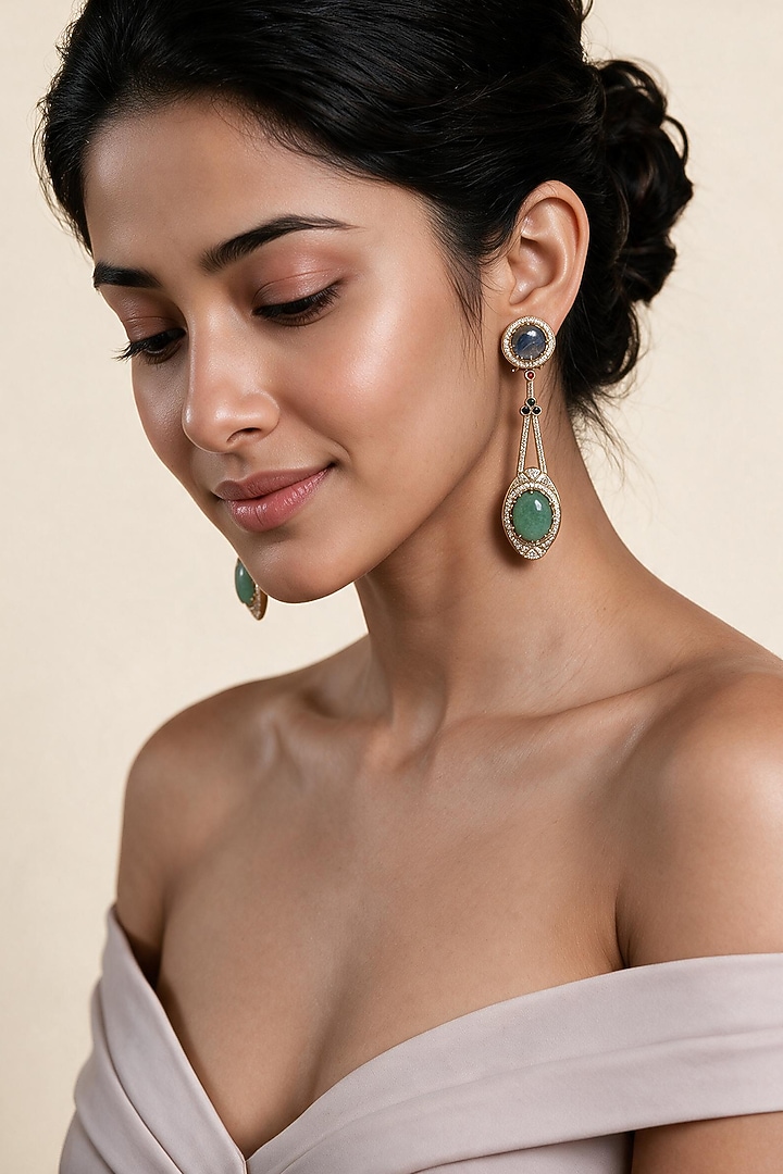 Gold Plated Slate Blue & Jade Green Stone Drop Earrings by Vivinia By Vidhi Mehra at Pernia's Pop Up Shop