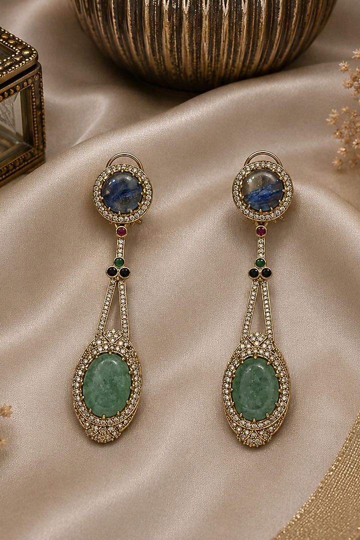 Gold Plated Slate Blue & Jade Green Stone Drop Earrings by Vivinia By Vidhi Mehra at Pernia's Pop Up Shop