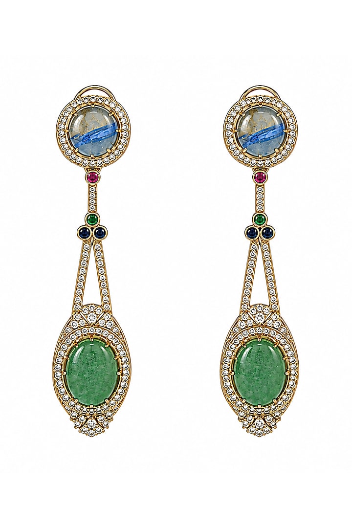 Gold Plated Slate Blue & Jade Green Stone Drop Earrings by Vivinia By Vidhi Mehra at Pernia's Pop Up Shop