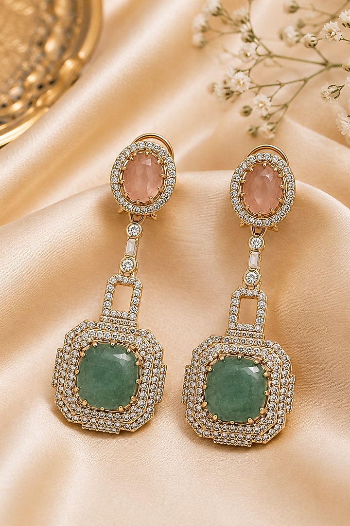 Gold Plated Blush Pink & Sage Green Stone Dangler Earrings by Vivinia By Vidhi Mehra at Pernia's Pop Up Shop