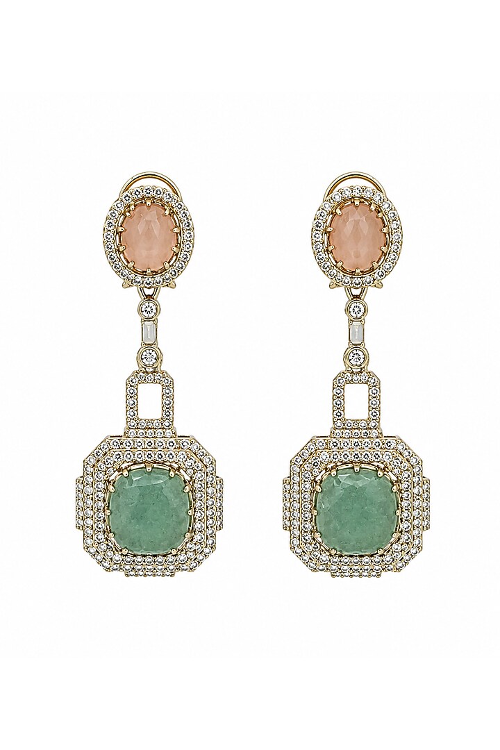 Gold Plated Blush Pink & Sage Green Stone Dangler Earrings by Vivinia By Vidhi Mehra at Pernia's Pop Up Shop