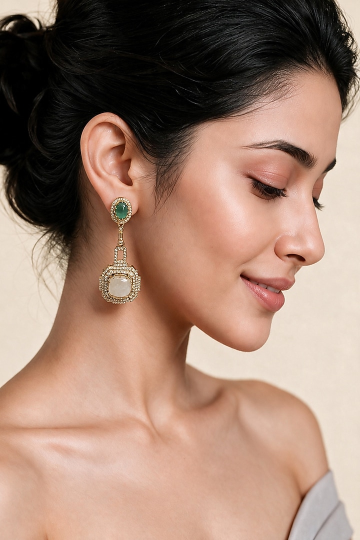 Gold Plated Emerald Green & Ivory Stone Dangler Earrings by Vivinia By Vidhi Mehra at Pernia's Pop Up Shop