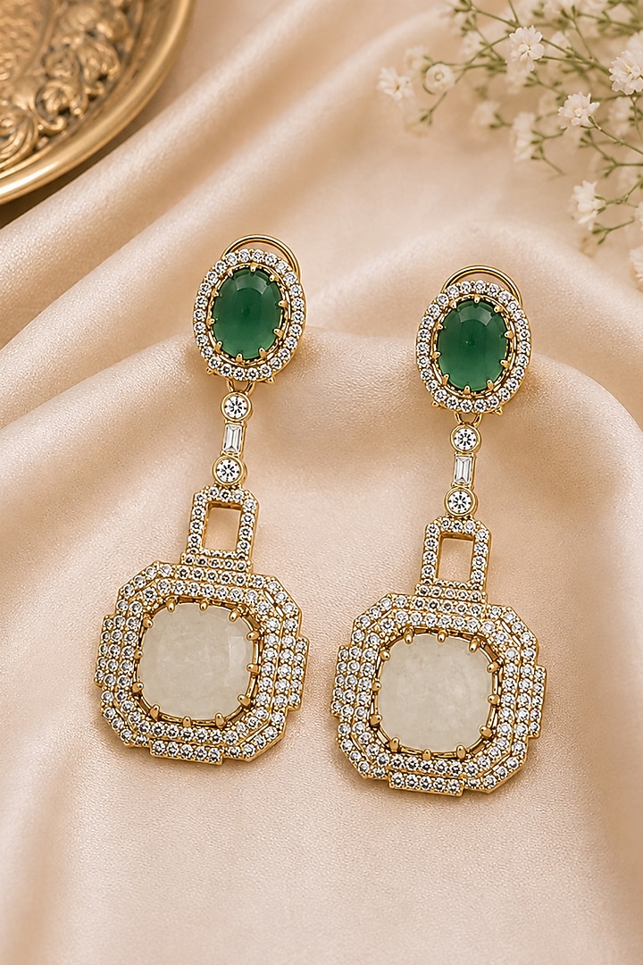 Gold Plated Emerald Green & Ivory Stone Dangler Earrings by Vivinia By Vidhi Mehra at Pernia's Pop Up Shop