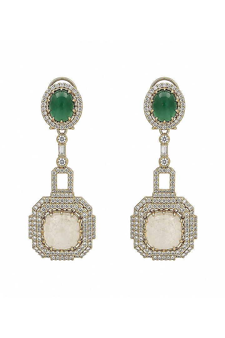 Gold Plated Emerald Green & Ivory Stone Dangler Earrings by Vivinia By Vidhi Mehra at Pernia's Pop Up Shop