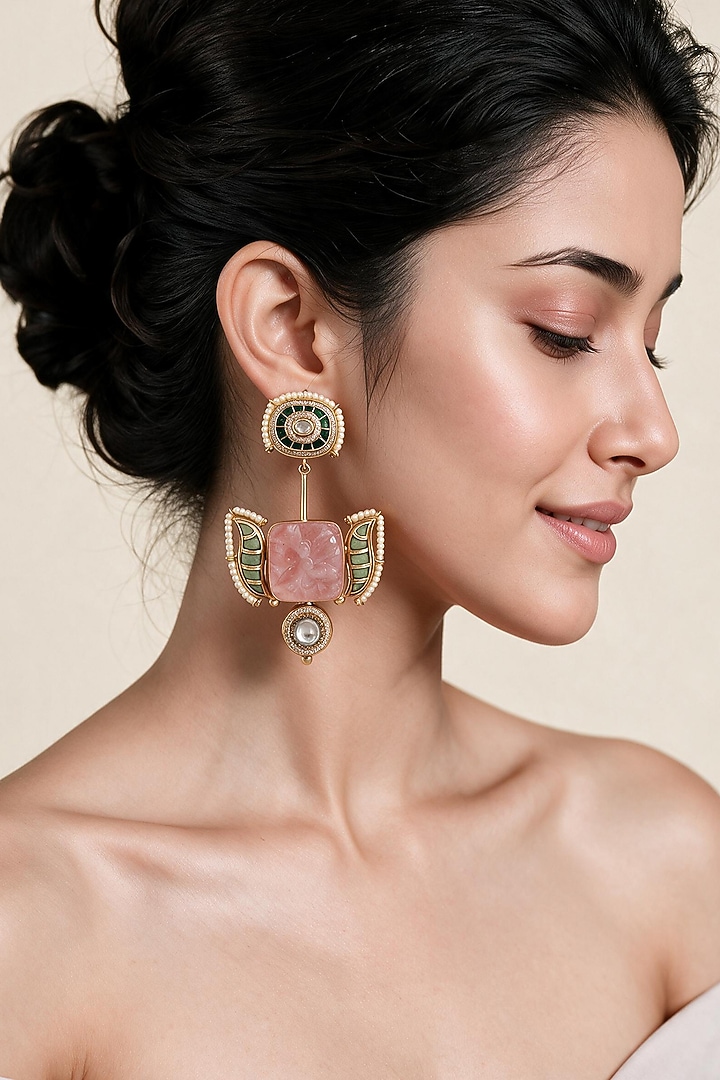 Gold Plated Blush Pink & Green Enameled Dangler Earrings by Vivinia By Vidhi Mehra at Pernia's Pop Up Shop