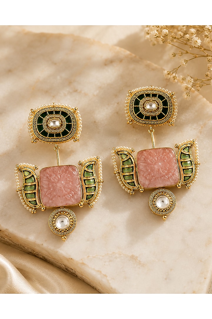 Gold Plated Blush Pink & Green Enameled Dangler Earrings by Vivinia By Vidhi Mehra at Pernia's Pop Up Shop