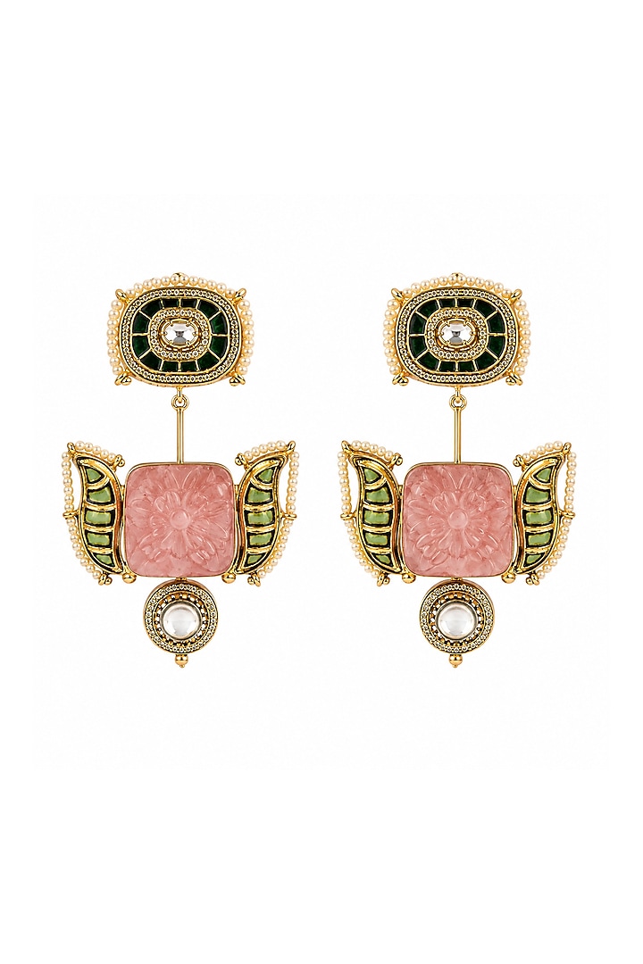 Gold Plated Blush Pink & Green Enameled Dangler Earrings by Vivinia By Vidhi Mehra at Pernia's Pop Up Shop