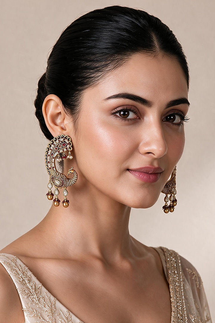 Gold Plated Ruby & Pearl Peacock Dangler Earrings by Vivinia By Vidhi Mehra at Pernia's Pop Up Shop