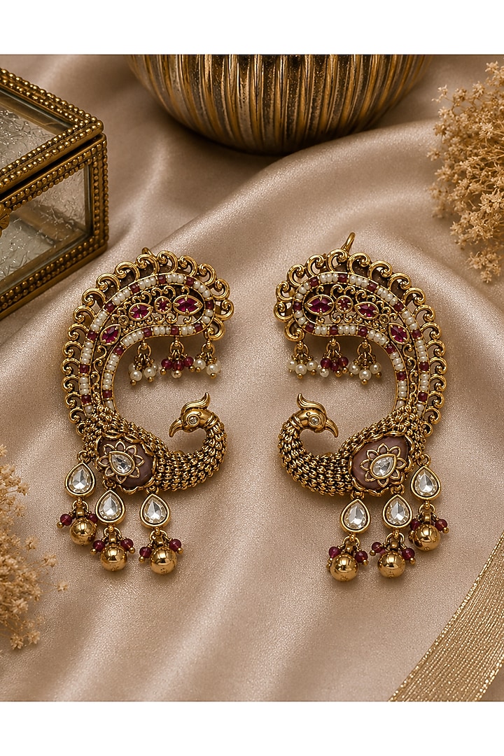 Gold Plated Ruby & Pearl Peacock Dangler Earrings by Vivinia By Vidhi Mehra at Pernia's Pop Up Shop