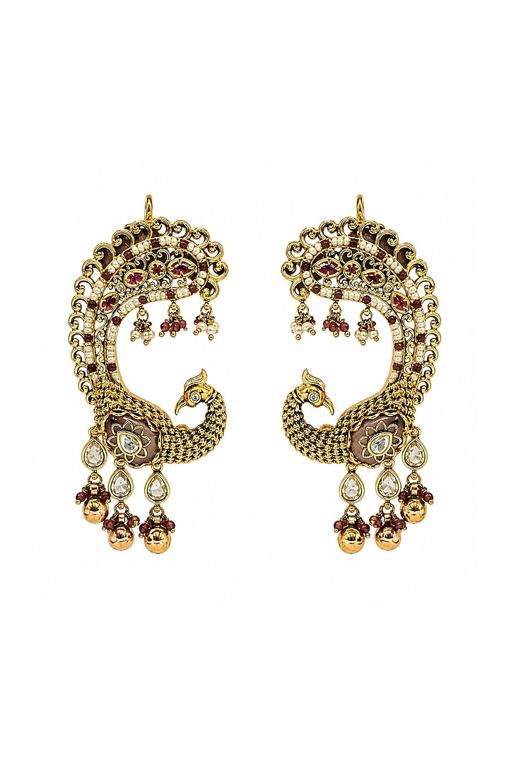 Gold Plated Ruby & Pearl Peacock Dangler Earrings by Vivinia By Vidhi Mehra at Pernia's Pop Up Shop