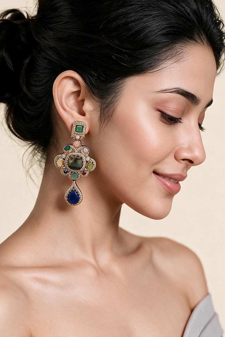 Gold Plated Zircon & Multi-Colored Semi-Precious Stone Dangler Earrings by Vivinia By Vidhi Mehra at Pernia's Pop Up Shop