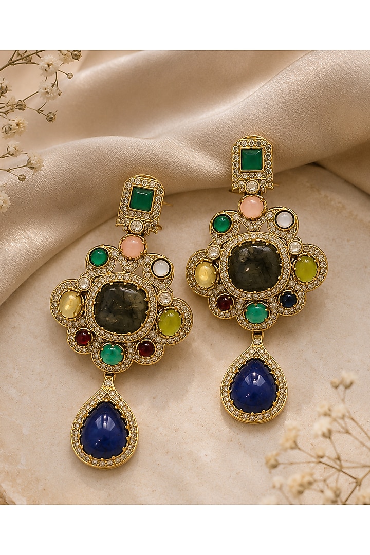 Gold Plated Zircon & Multi-Colored Semi-Precious Stone Dangler Earrings by Vivinia By Vidhi Mehra at Pernia's Pop Up Shop