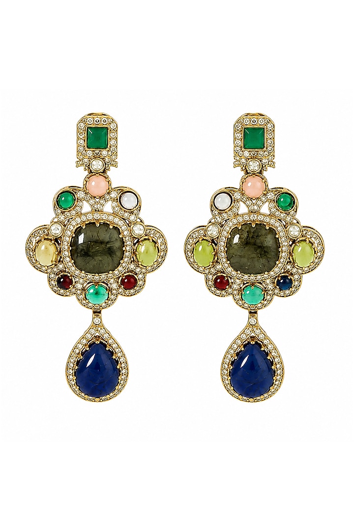 Gold Plated Zircon & Multi-Colored Semi-Precious Stone Dangler Earrings by Vivinia By Vidhi Mehra at Pernia's Pop Up Shop