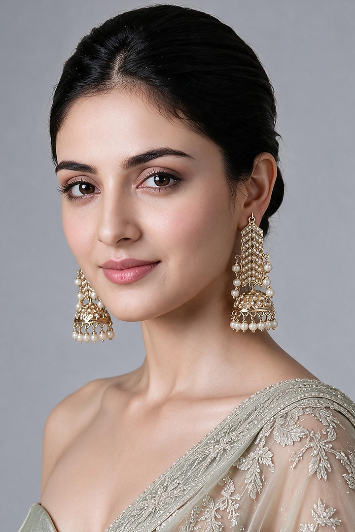 Gold Plated Pearl Jhumka Earrings by Vivinia By Vidhi Mehra at Pernia's Pop Up Shop