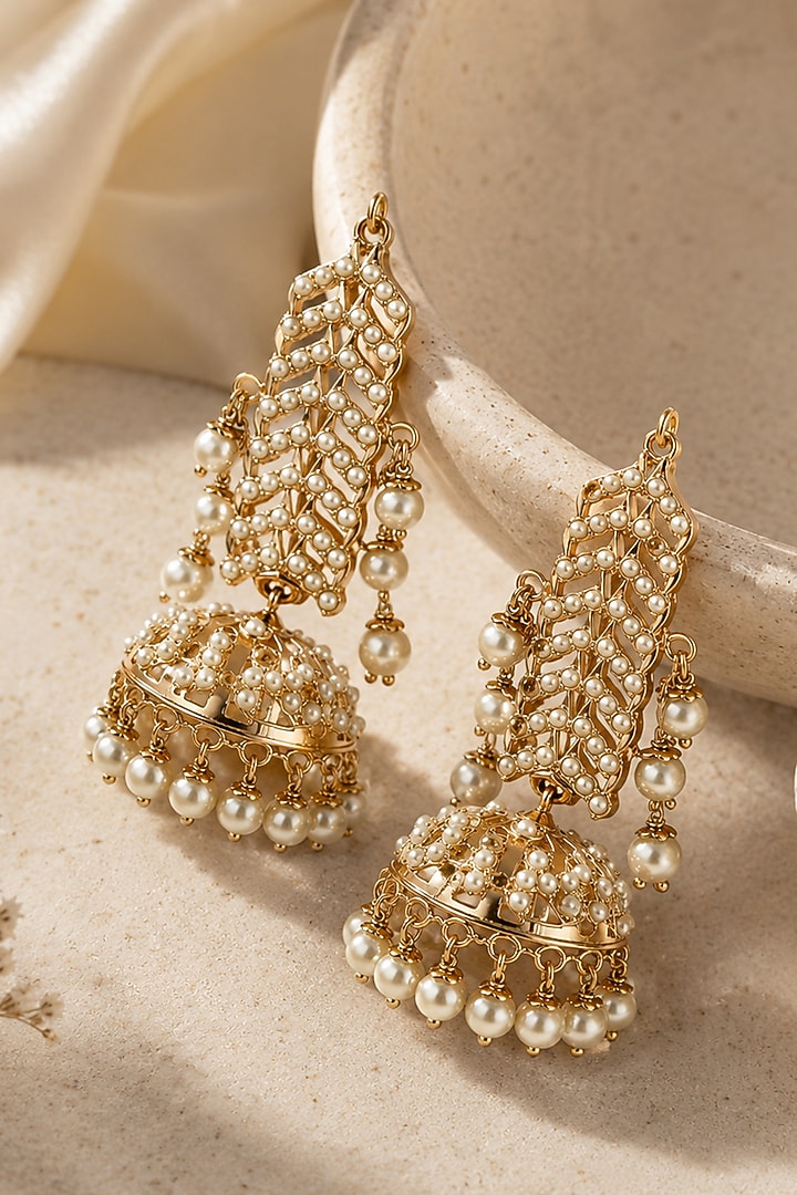 Gold Plated Pearl Jhumka Earrings by Vivinia By Vidhi Mehra at Pernia's Pop Up Shop