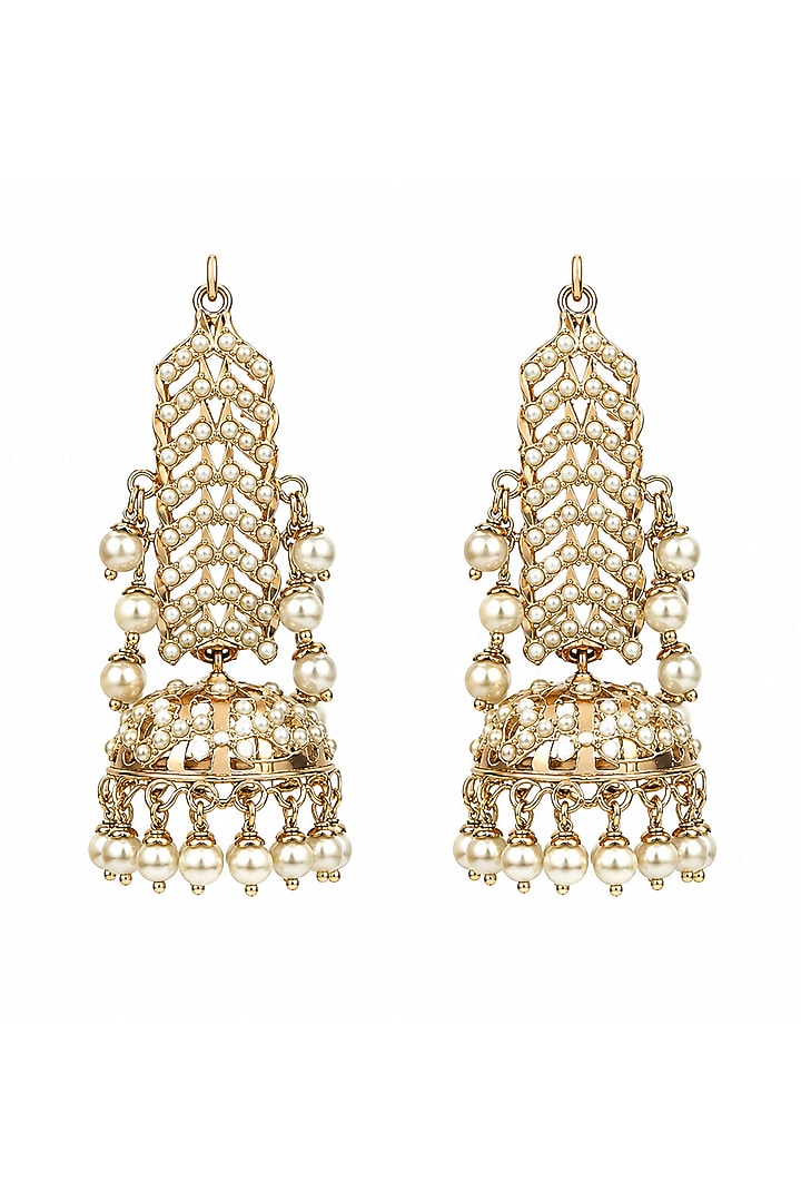 Gold Plated Pearl Jhumka Earrings by Vivinia By Vidhi Mehra at Pernia's Pop Up Shop