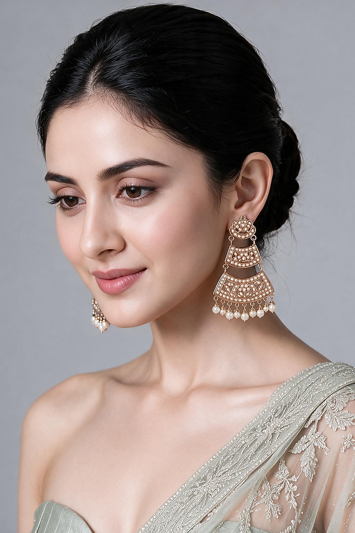 Gold Plated Pearl Jadau Tiered Dangler Earrings by Vivinia By Vidhi Mehra at Pernia's Pop Up Shop