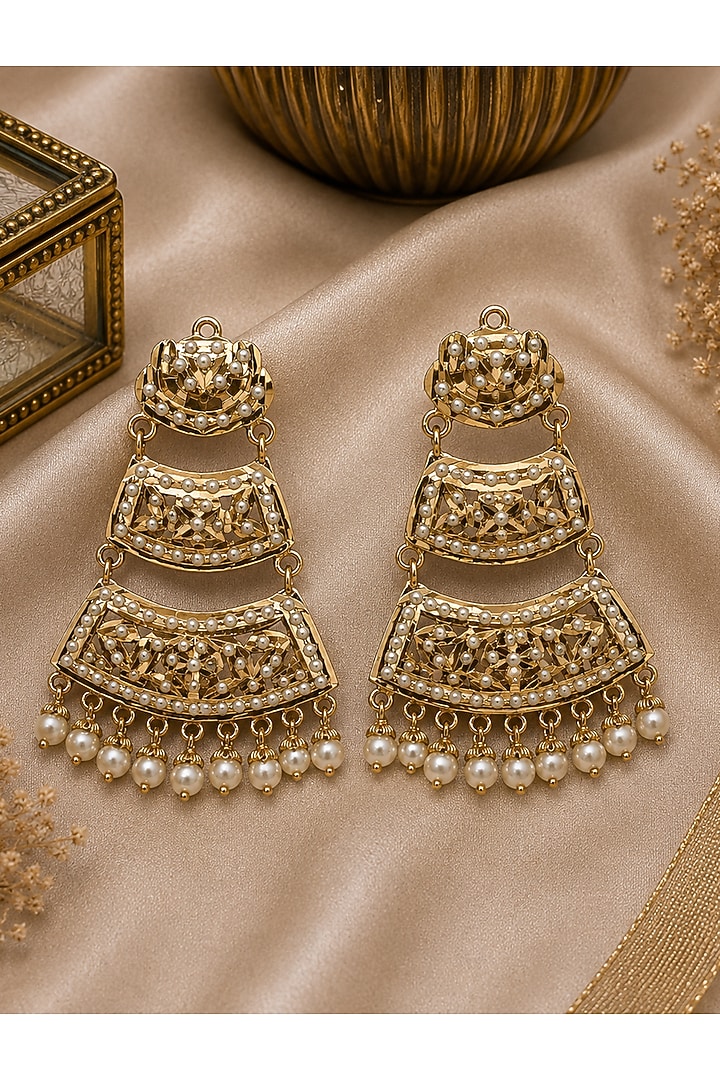 Gold Plated Pearl Jadau Tiered Dangler Earrings by Vivinia By Vidhi Mehra at Pernia's Pop Up Shop