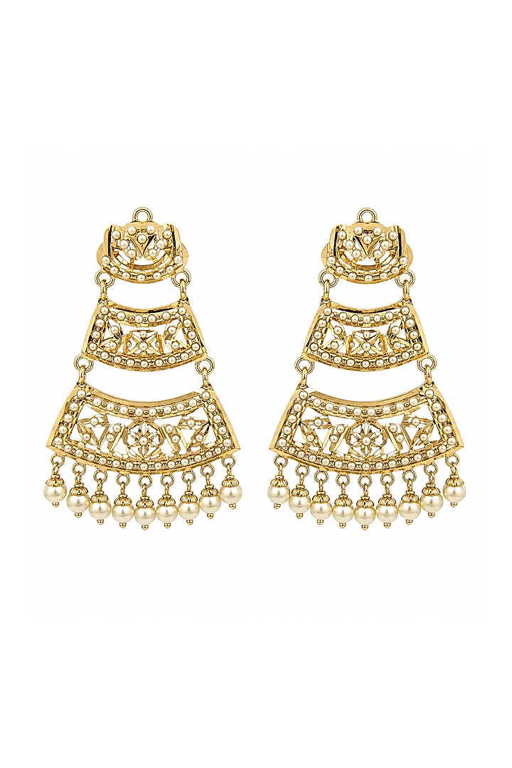 Gold Plated Pearl Jadau Tiered Dangler Earrings by Vivinia By Vidhi Mehra at Pernia's Pop Up Shop