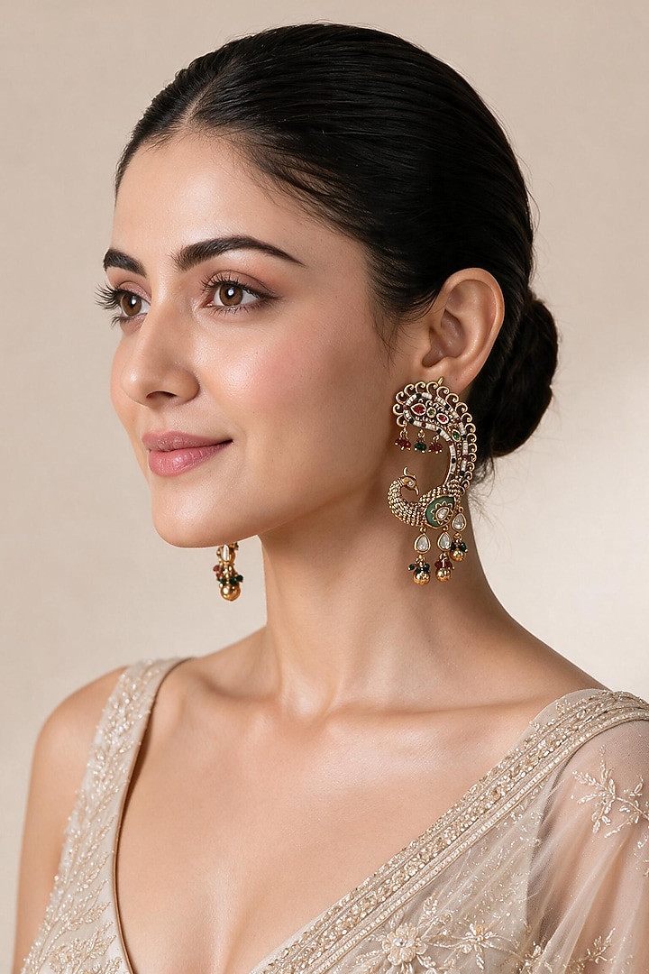 Gold Plated Pearl Drop Peacock Dangler Earrings by Vivinia By Vidhi Mehra at Pernia's Pop Up Shop