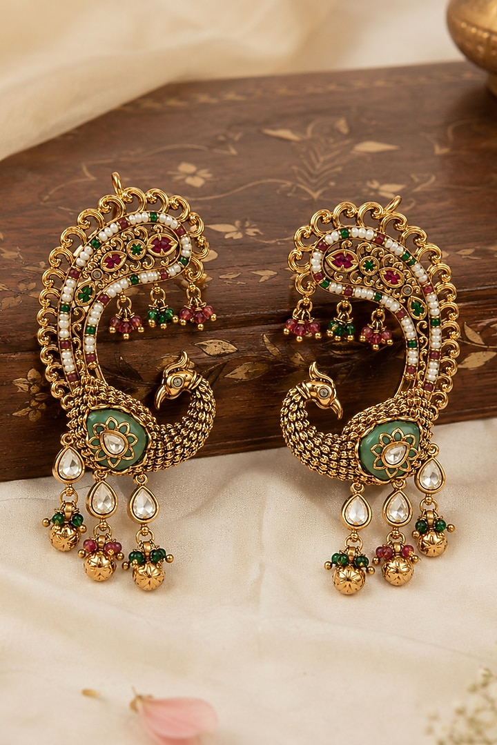 Gold Plated Pearl Drop Peacock Dangler Earrings by Vivinia By Vidhi Mehra at Pernia's Pop Up Shop