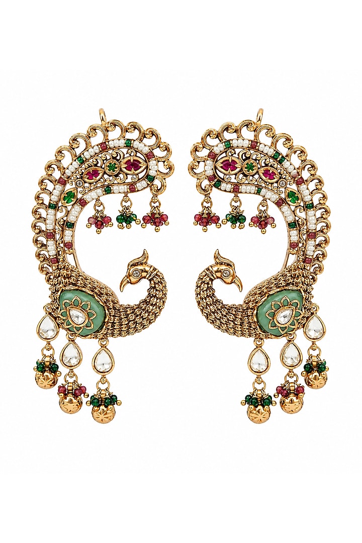 Gold Plated Pearl Drop Peacock Dangler Earrings by Vivinia By Vidhi Mehra at Pernia's Pop Up Shop