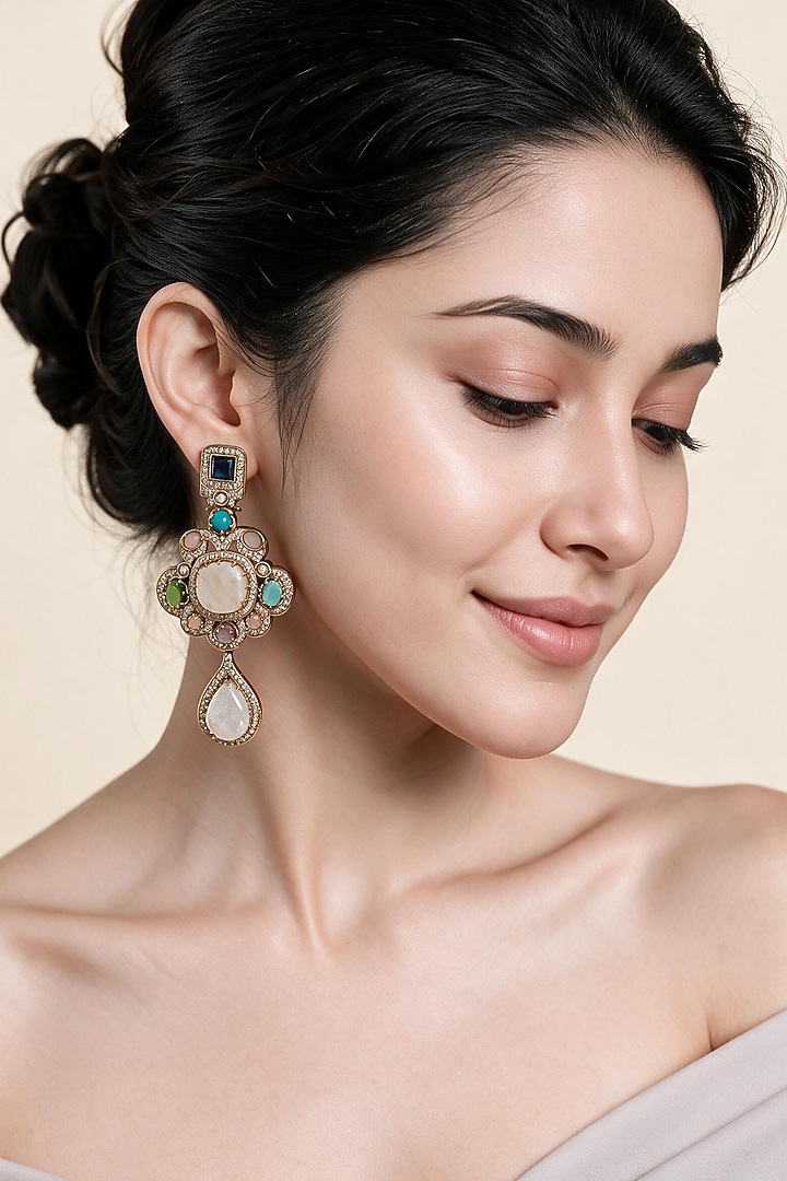 Gold Plated Zircon & Multi-Colored Semi-Precious Stone Dangler Earrings by Vivinia By Vidhi Mehra at Pernia's Pop Up Shop