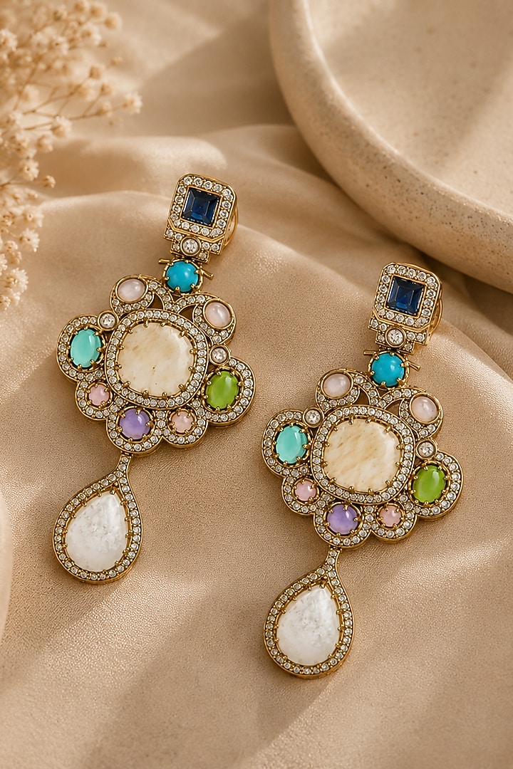 Gold Plated Zircon & Multi-Colored Semi-Precious Stone Dangler Earrings by Vivinia By Vidhi Mehra at Pernia's Pop Up Shop