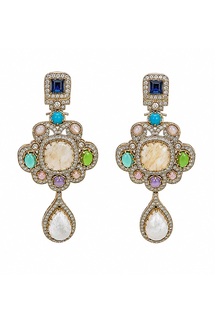 Gold Plated Zircon & Multi-Colored Semi-Precious Stone Dangler Earrings by Vivinia By Vidhi Mehra at Pernia's Pop Up Shop