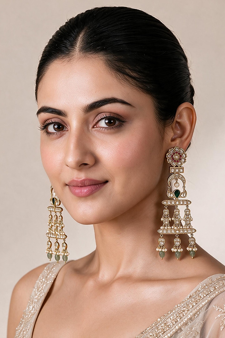 Gold Plated Kundan Polki & Emerald Green Stone Dangler Earrings by Vivinia By Vidhi Mehra at Pernia's Pop Up Shop