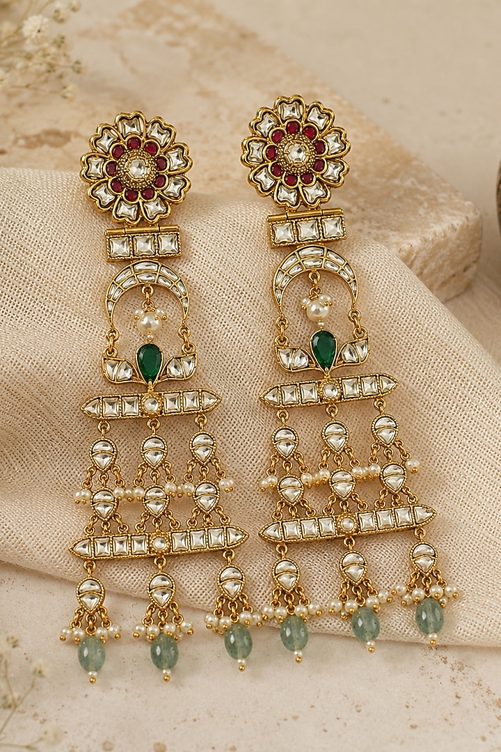 Gold Plated Kundan Polki & Emerald Green Stone Dangler Earrings by Vivinia By Vidhi Mehra at Pernia's Pop Up Shop