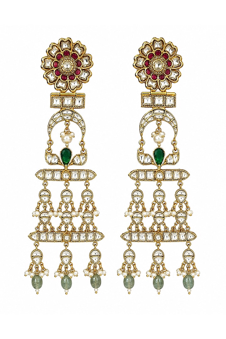 Gold Plated Kundan Polki & Emerald Green Stone Dangler Earrings by Vivinia By Vidhi Mehra at Pernia's Pop Up Shop