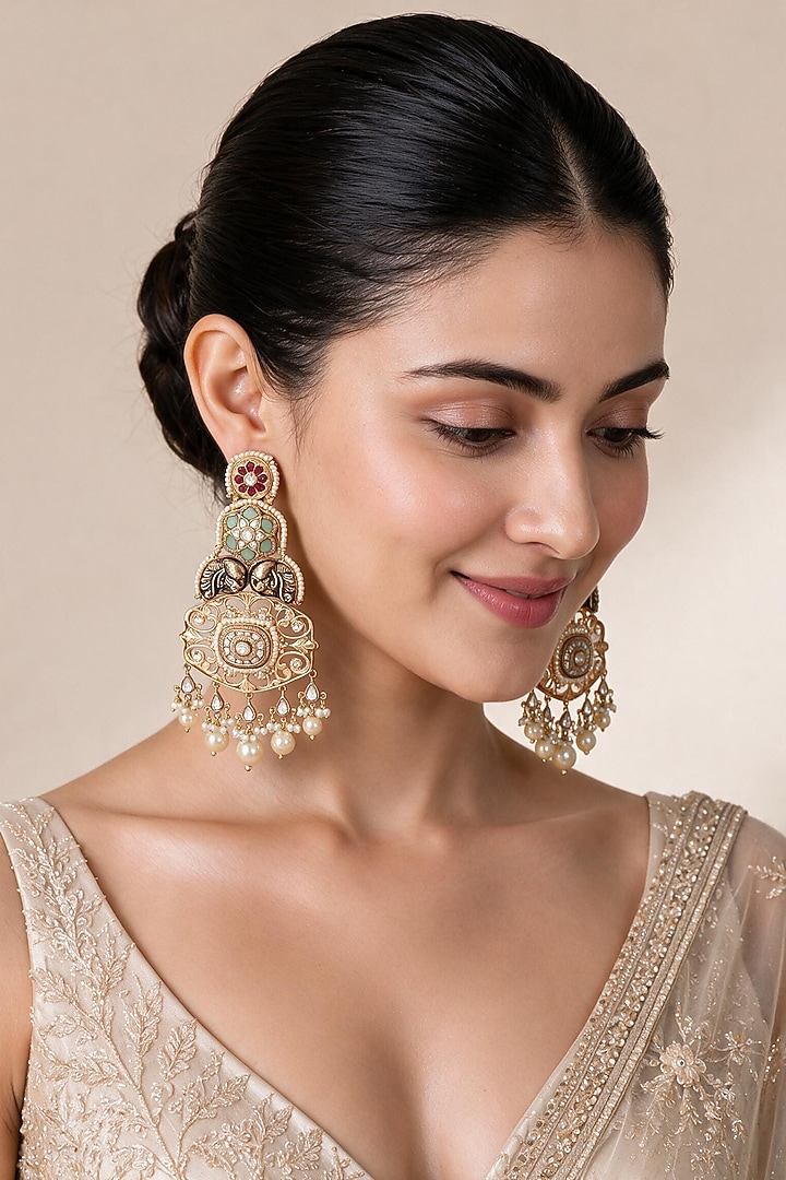 Gold Plated Kundan Polki & Pearl Floral Chandbali Earrings by Vivinia By Vidhi Mehra at Pernia's Pop Up Shop
