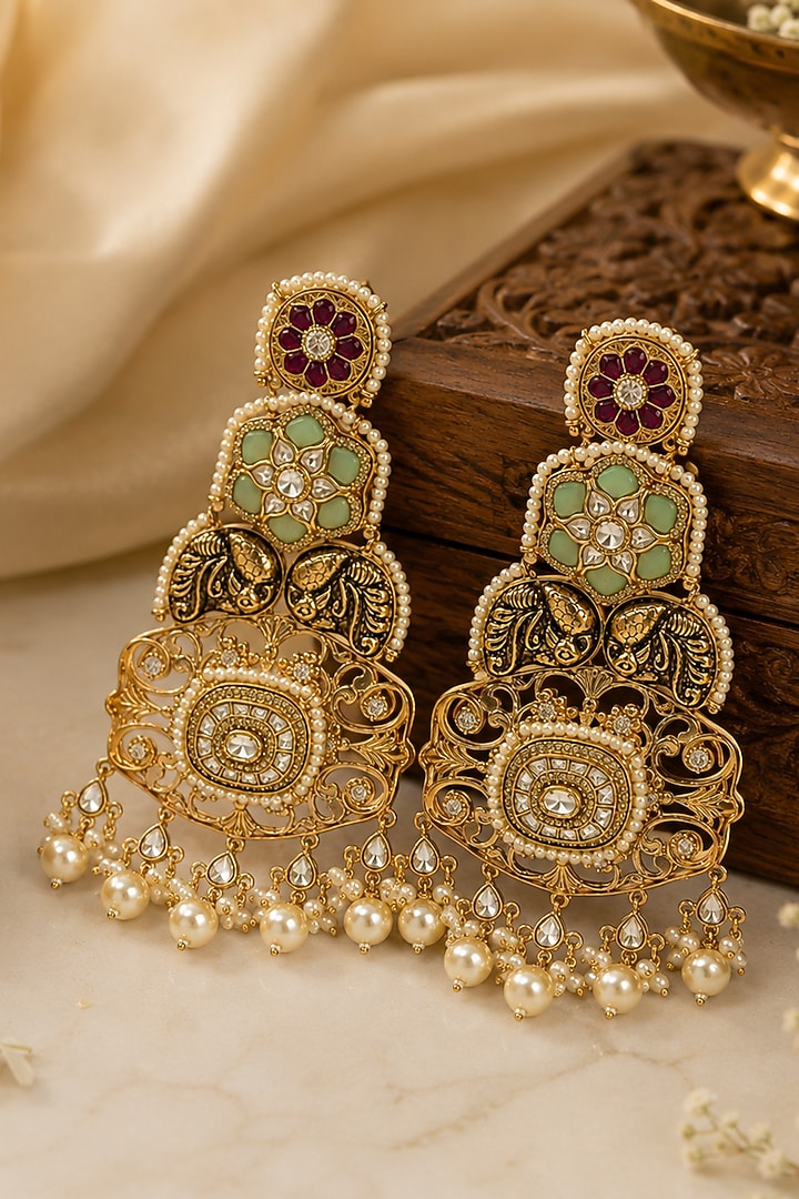 Gold Plated Kundan Polki & Pearl Floral Chandbali Earrings by Vivinia By Vidhi Mehra at Pernia's Pop Up Shop