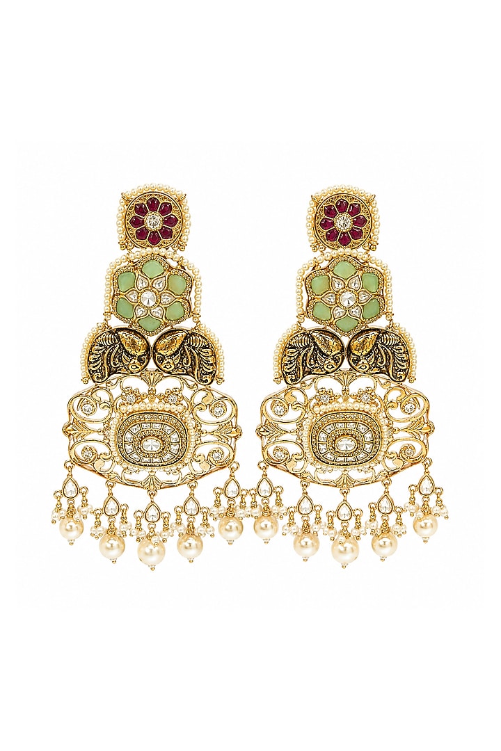 Gold Plated Kundan Polki & Pearl Floral Chandbali Earrings by Vivinia By Vidhi Mehra at Pernia's Pop Up Shop