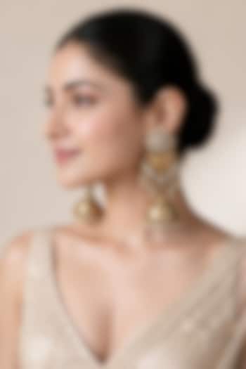 Gold Plated Kundan Polki & Pearl Engraved Jhumka Earrings by Vivinia By Vidhi Mehra at Pernia's Pop Up Shop