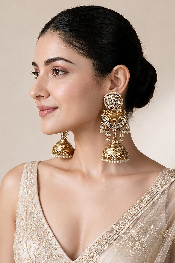 Gold Plated Kundan Polki & Pearl Engraved Jhumka Earrings by Vivinia By Vidhi Mehra at Pernia's Pop Up Shop