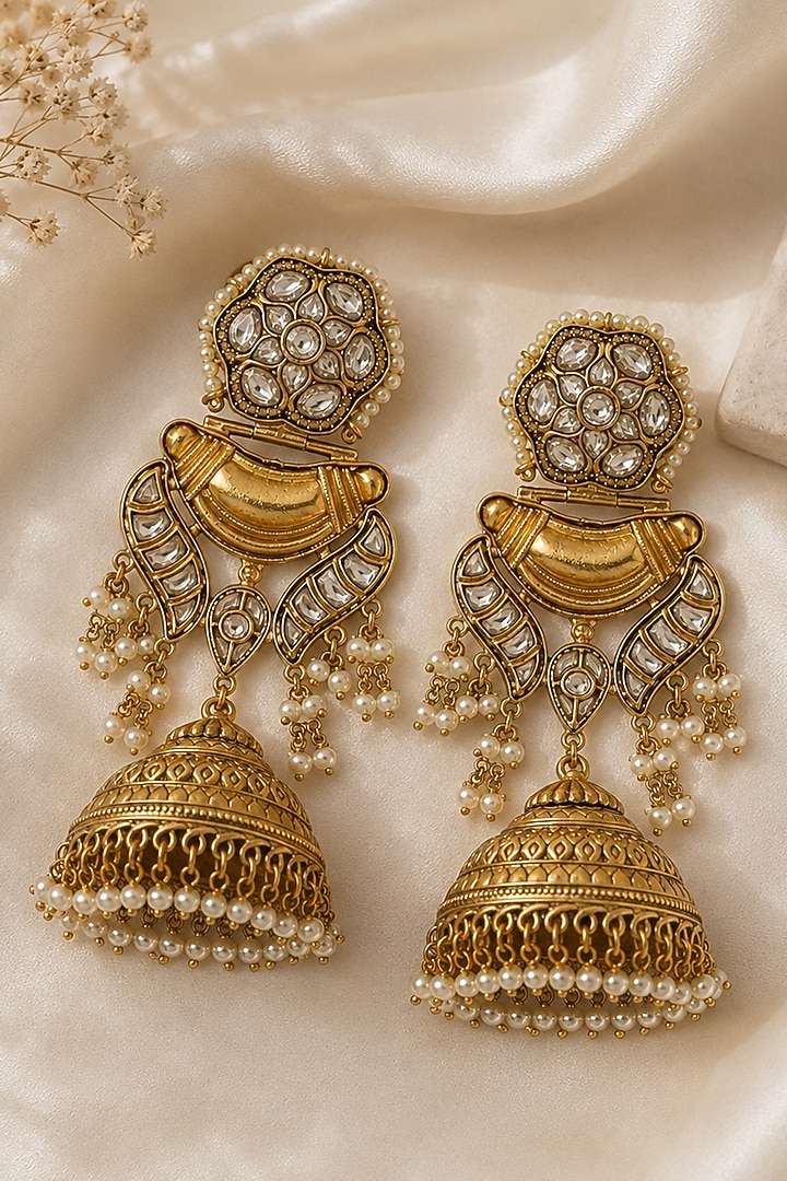 Gold Plated Kundan Polki & Pearl Engraved Jhumka Earrings by Vivinia By Vidhi Mehra at Pernia's Pop Up Shop