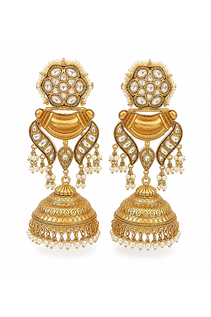 Gold Plated Kundan Polki & Pearl Engraved Jhumka Earrings by Vivinia By Vidhi Mehra at Pernia's Pop Up Shop