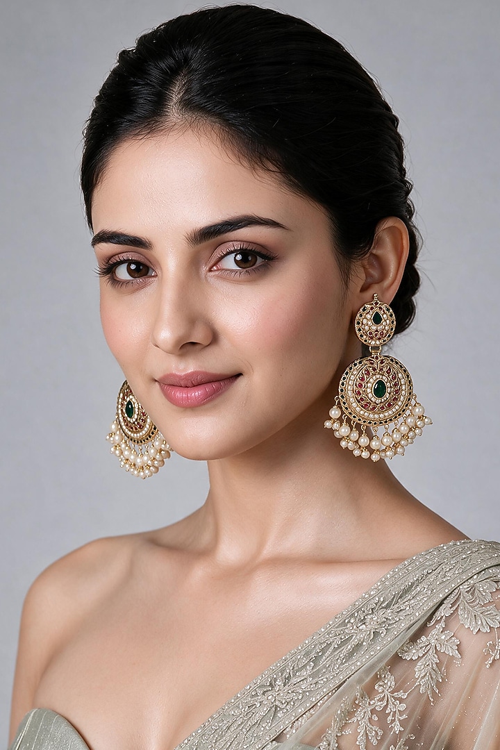 Gold Plated Green & Ruby Stone Jadau Chandbali Earrings by Vivinia By Vidhi Mehra at Pernia's Pop Up Shop