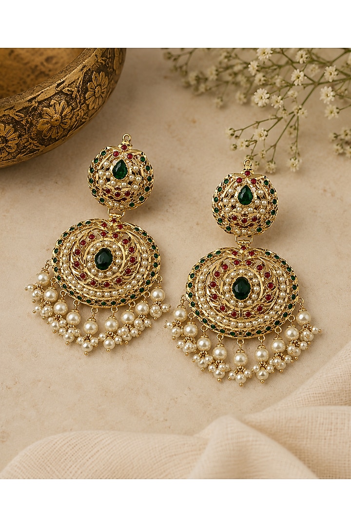 Gold Plated Green & Ruby Stone Jadau Chandbali Earrings by Vivinia By Vidhi Mehra at Pernia's Pop Up Shop