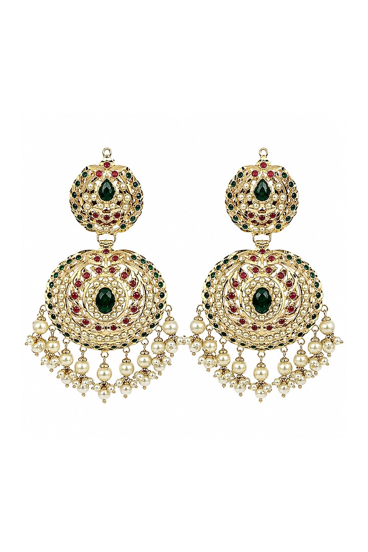 Gold Plated Green & Ruby Stone Jadau Chandbali Earrings by Vivinia By Vidhi Mehra at Pernia's Pop Up Shop